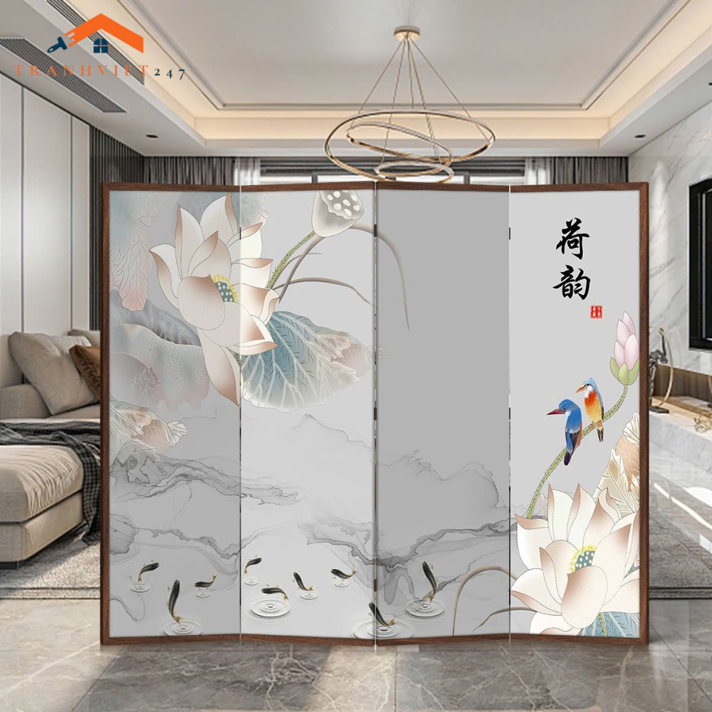 Bộ 4 tấm vách ngăn bình phong hoạ tiết hoa và chim in 2mặt -Tranhviet247