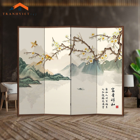 Bộ 4 tấm vách ngăn bình phong hoạ tiết hoa và chim in 2mặt -Tranhviet247