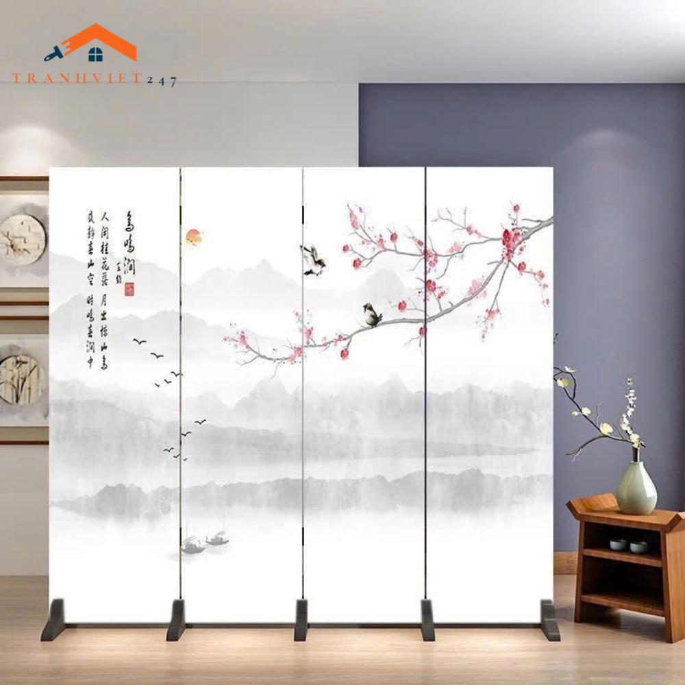 Bộ 4 tấm vách ngăn bình phong hoạ tiết hoa và chim in 2mặt -Tranhviet247