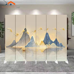 Vách ngăn bình phong hoạ tiết huơu phú quý  khung gỗ bọc vải canvas-Tranhviet247