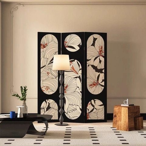 Vách Ngăn Trang Trí Nghệ Thuật Hoa Lá Trừu Tượng Màu Đen Be – Mẫu Hiện Đại Sang Trọng