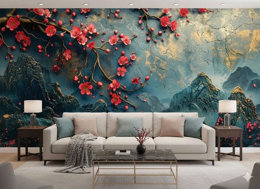 Tranh Dán Tường Sơn Thủy Hoa Đào 3D – Tranh Dán Tường Phong Cách Á Đông Sang Trọng