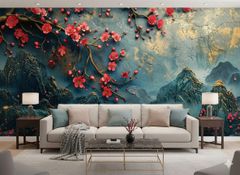 Tranh Dán Tường Sơn Thủy Hoa Đào 3D – Tranh Dán Tường Phong Cách Á Đông Sang Trọng