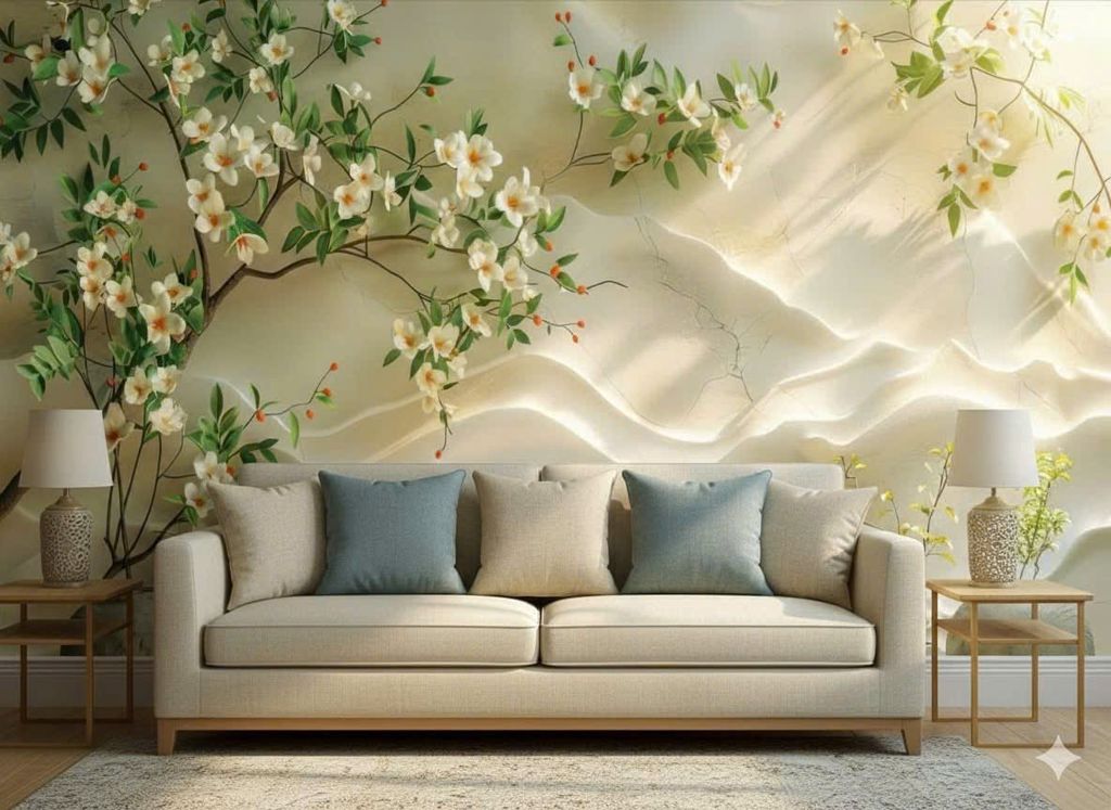 Tranh Dán Tường Sơn Thủy Hoa Đào 3D – Tranh Dán Tường Phong Cách Á Đông Sang Trọng