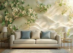 Tranh Dán Tường Sơn Thủy Hoa Đào 3D – Tranh Dán Tường Phong Cách Á Đông Sang Trọng