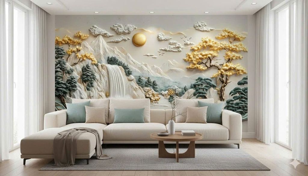 Tranh Dán Tường Sơn Thủy Hoa Đào 3D – Tranh Dán Tường Phong Cách Á Đông Sang Trọng