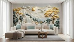 Tranh Dán Tường Sơn Thủy Hoa Đào 3D – Tranh Dán Tường Phong Cách Á Đông Sang Trọng