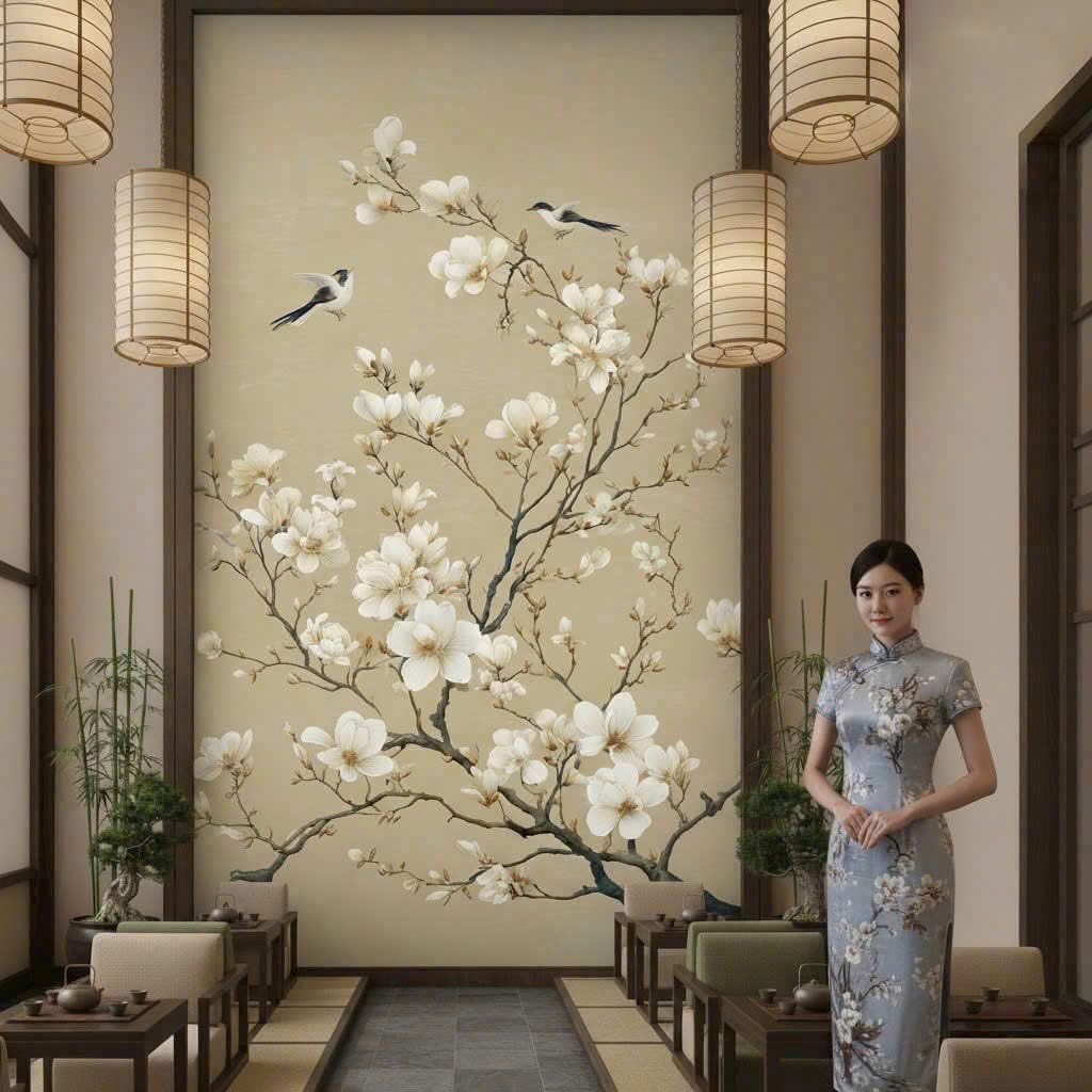 Tranh Dán Tường Sơn Thủy Hoa Đào 3D – Tranh Dán Tường Phong Cách Á Đông Sang Trọng