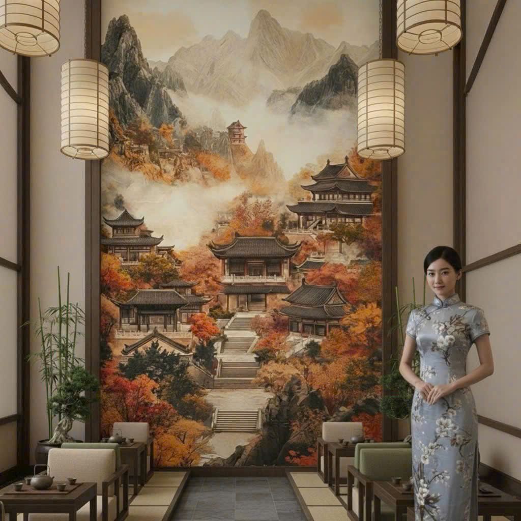 Tranh Dán Tường Sơn Thủy Hoa Đào 3D – Tranh Dán Tường Phong Cách Á Đông Sang Trọng