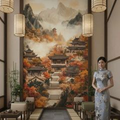 Tranh Dán Tường Sơn Thủy Hoa Đào 3D – Tranh Dán Tường Phong Cách Á Đông Sang Trọng
