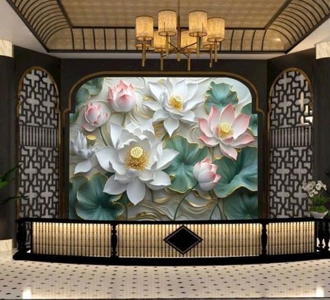 Tranh Dán Tường Sơn Thủy Hoa Đào 3D – Tranh Dán Tường Phong Cách Á Đông Sang Trọng