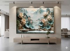 Tranh Dán Tường Sơn Thủy Hoa Đào 3D – Tranh Dán Tường Phong Cách Á Đông Sang Trọng