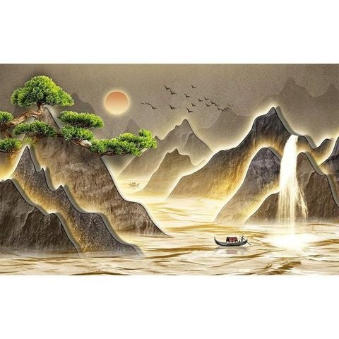 Tranh Dán Tường 3D Sơn Thủy Hữu Tình – Trang Trí Phòng Khách Hiện Đại