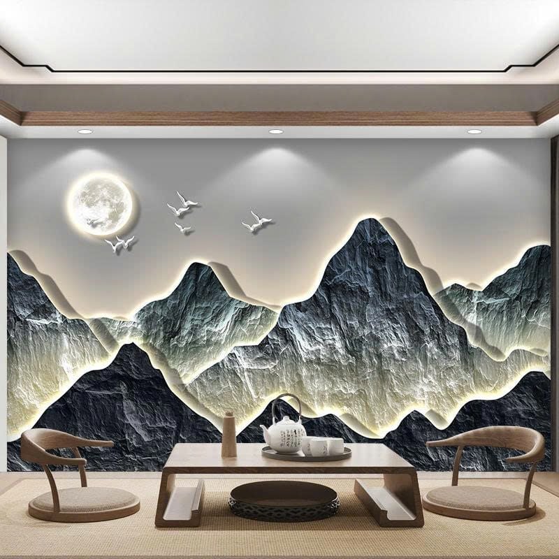 Tranh dán tường 3D sơn thủy có hiệu ứng LED viền, tạo chiều sâu + ánh sáng, mang cảm giác yên – sang – thư giãn.