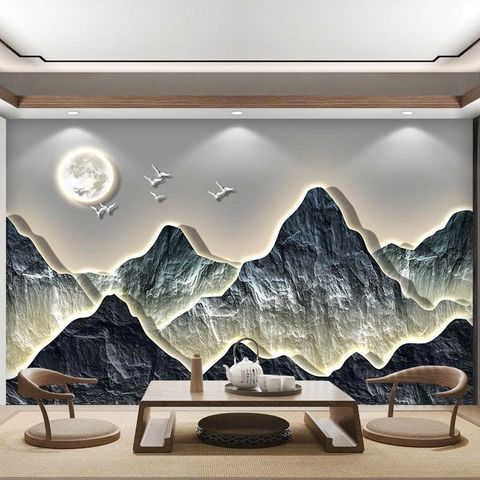 Tranh dán tường 3D sơn thủy có hiệu ứng LED viền, tạo chiều sâu + ánh sáng, mang cảm giác yên – sang – thư giãn.