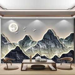 Tranh dán tường 3D sơn thủy có hiệu ứng LED viền, tạo chiều sâu + ánh sáng, mang cảm giác yên – sang – thư giãn.