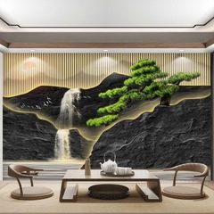 Tranh dán tường 3D sơn thủy có hiệu ứng LED viền, tạo chiều sâu + ánh sáng, mang cảm giác yên – sang – thư giãn.