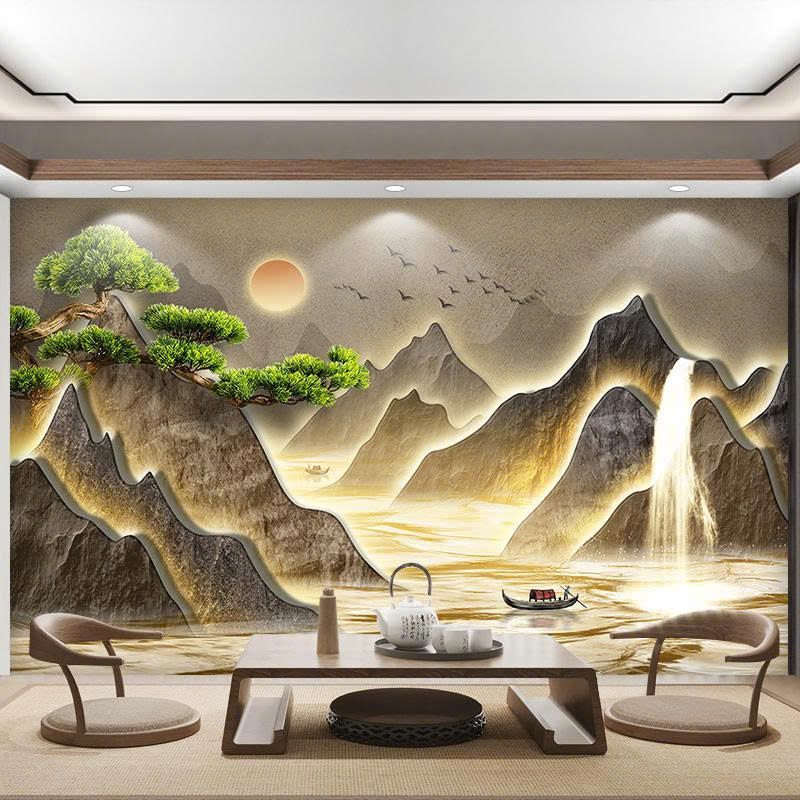 Tranh dán tường 3D sơn thủy có hiệu ứng LED viền, tạo chiều sâu + ánh sáng, mang cảm giác yên – sang – thư giãn.