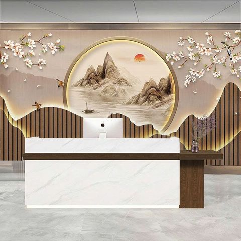 Tranh Dán Tường Sơn Thủy Ánh Kim Viên Nguyệt – Tranh Trang Trí Sảnh & Phòng Khách Phong Cách Á Đông Cao Cấp