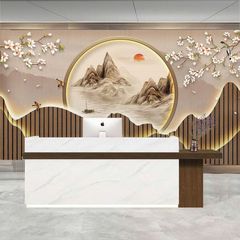 Tranh Dán Tường Sơn Thủy Ánh Kim Viên Nguyệt – Tranh Trang Trí Sảnh & Phòng Khách Phong Cách Á Đông Cao Cấp