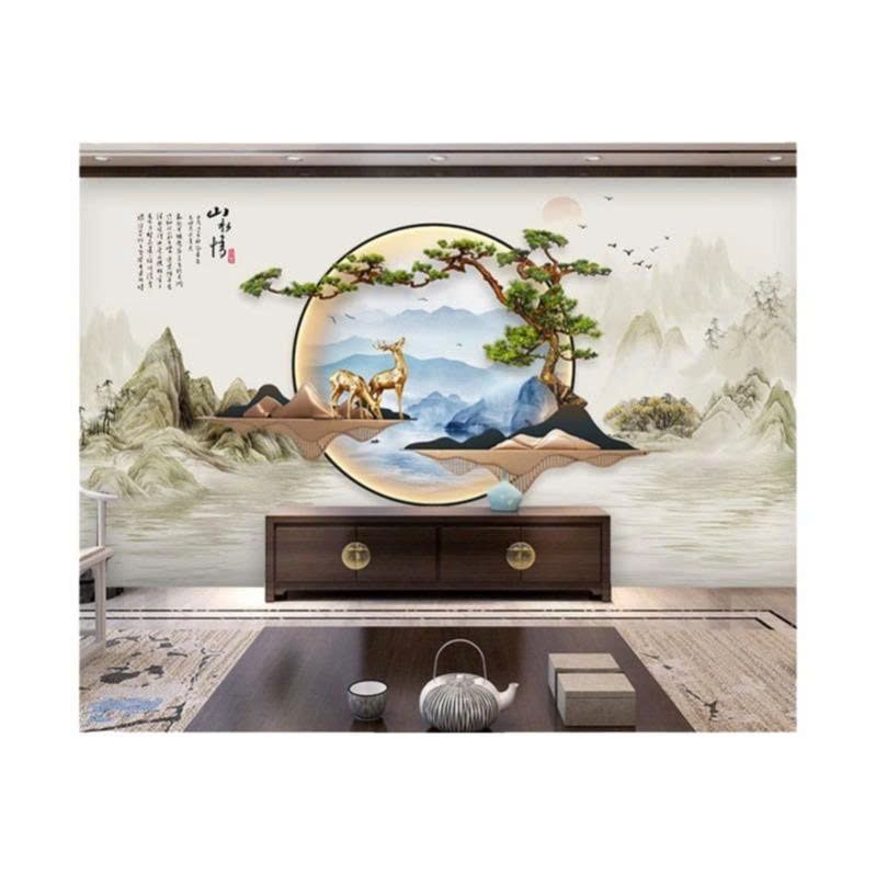 Tranh Dán Tường Sơn Thủy Hươu Tùng Viên Nguyệt – Tranh Phong Thủy Phòng Khách Phong Cách Á Đông