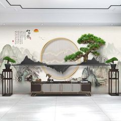 Tranh Dán Tường Sơn Thủy Hươu Tùng Viên Nguyệt – Tranh Phong Thủy Phòng Khách Phong Cách Á Đông