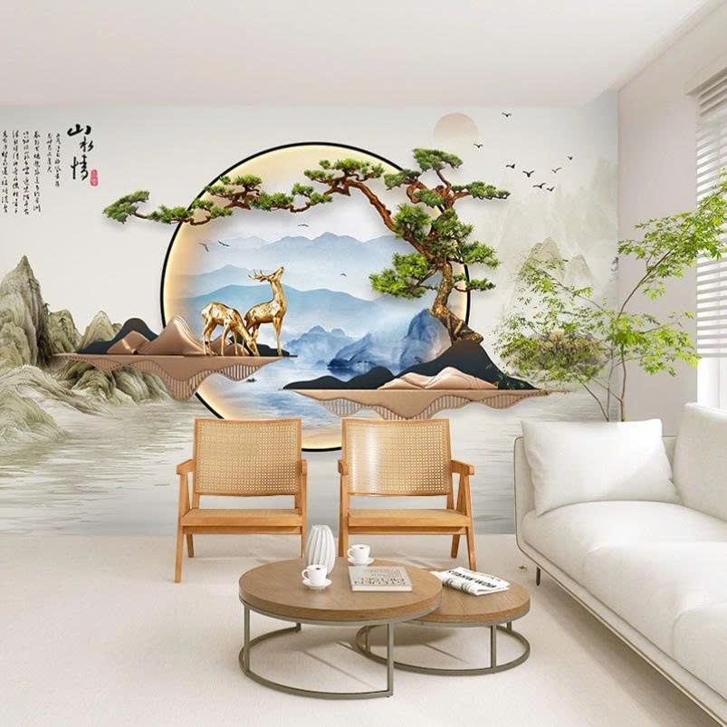 Tranh Dán Tường Sơn Thủy Hươu Tùng Viên Nguyệt – Tranh Phong Thủy Phòng Khách Phong Cách Á Đông