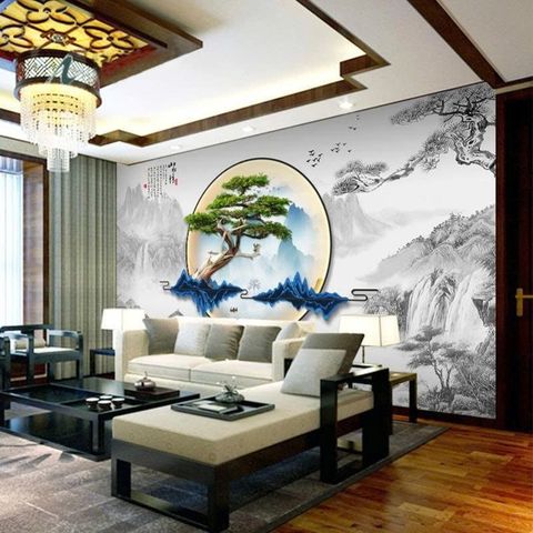 Tranh Dán Tường Sơn Thủy Hươu Tùng Viên Nguyệt – Tranh Phong Thủy Phòng Khách Phong Cách Á Đông