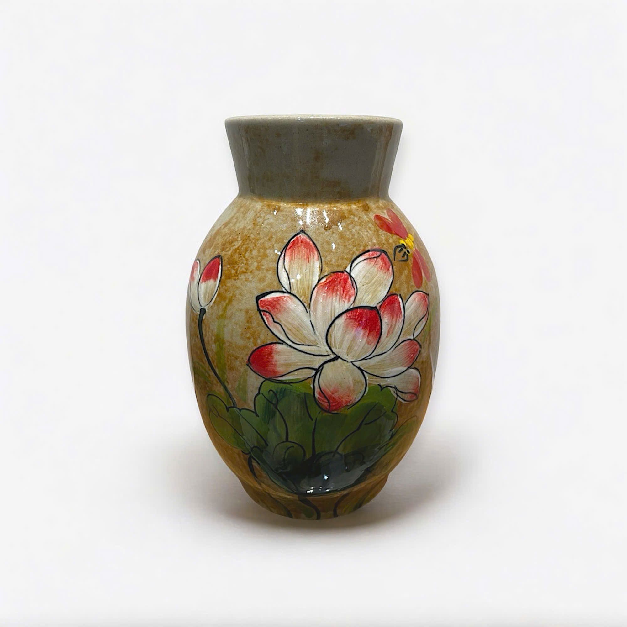  Bình men màu vẽ hoa bầu cổ cao - H21 