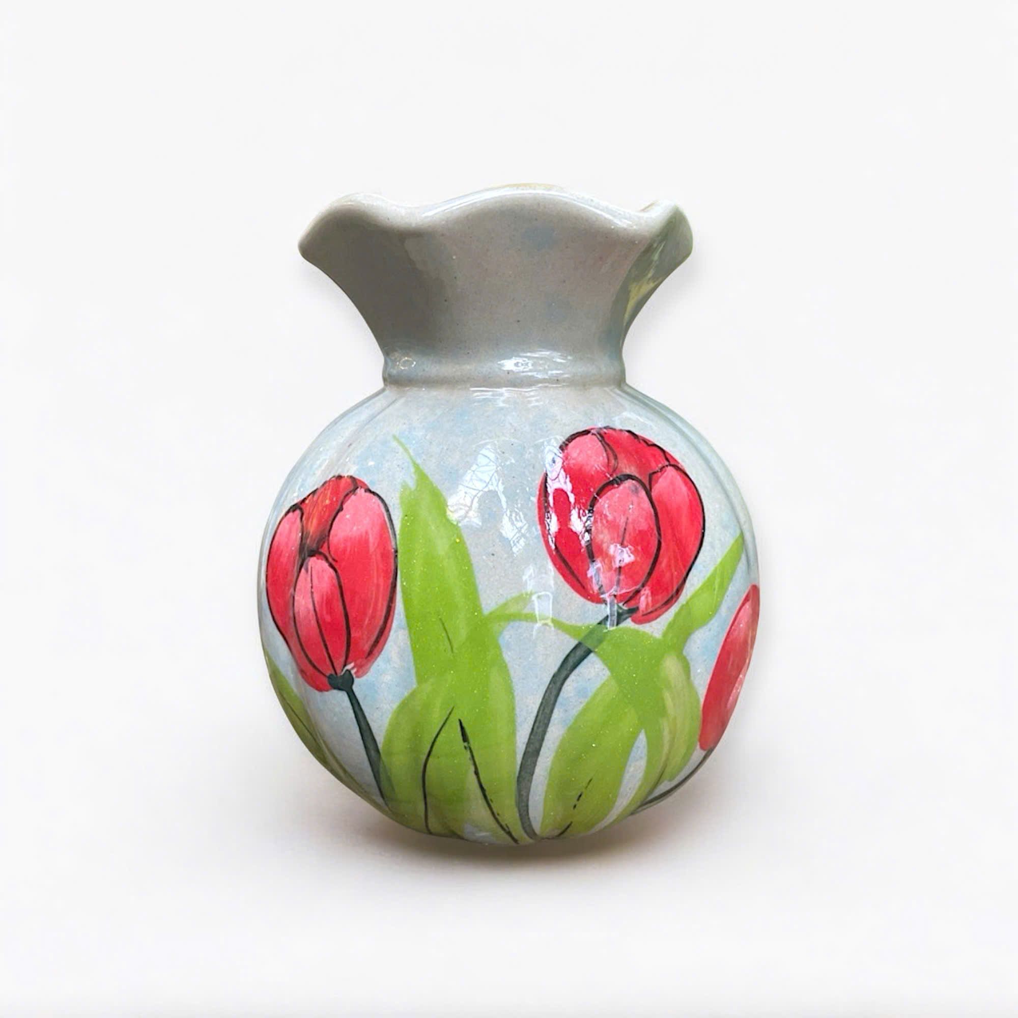  Bình men màu vẽ hoa tròn khía miệng loe hoa - H15 