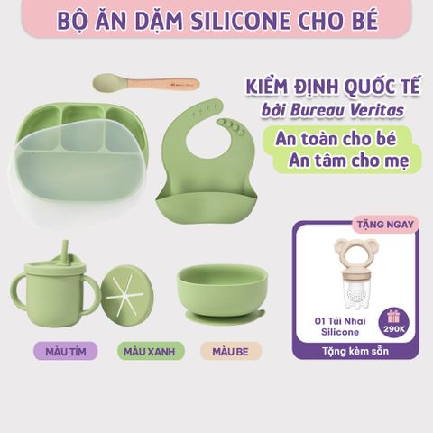 Bộ Ăn Dặm Cho Bé Thương Hiệu Mama's Choice, Combo Bát-Khay-Yếm-Thìa-Cốc Silicone Cao Cấp