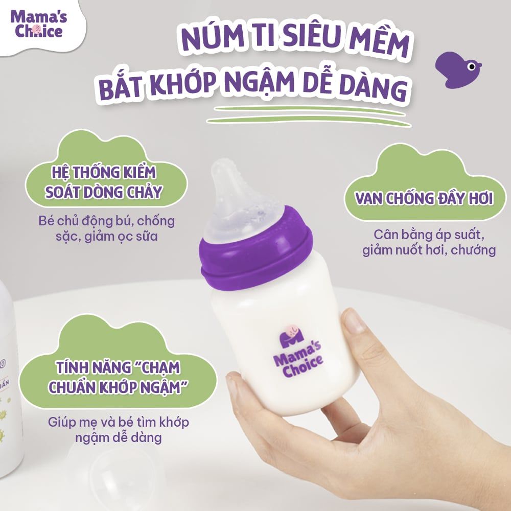 Bình Sữa Cổ Rộng PP Mama’s Choice 180ml 240ml, Núm Ti Siêu Mềm Mô Phỏng Núm Ti Mẹ, Kết Hợp Van Chống Sặc An Toàn