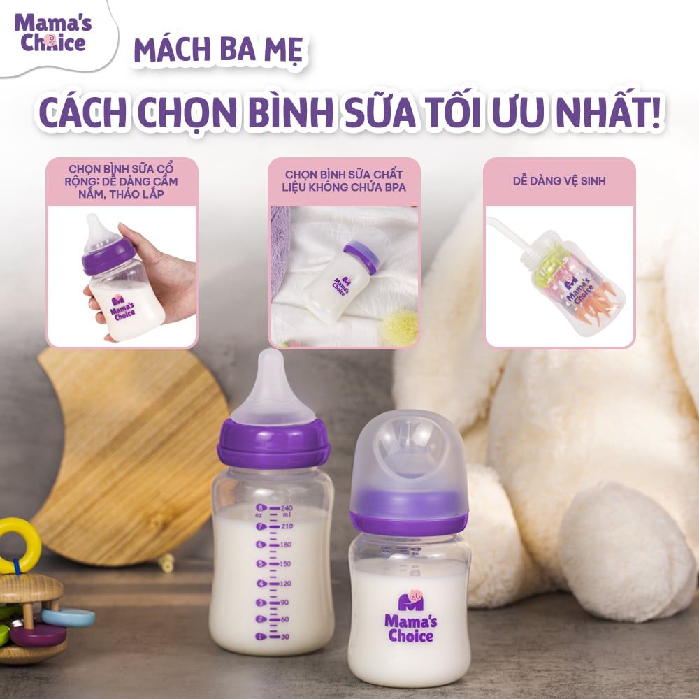 Bình Sữa Cổ Rộng PP Mama’s Choice 180ml 240ml, Núm Ti Siêu Mềm Mô Phỏng Núm Ti Mẹ, Kết Hợp Van Chống Sặc An Toàn
