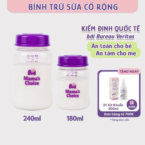 Bình Trữ Sữa Cổ Rộng Mama's Choice 180ml–240ml, Tương Thích Máy Hút Sữa Spectra, Avent, Fatz, Rozabi, Cimilre, BioHealth
