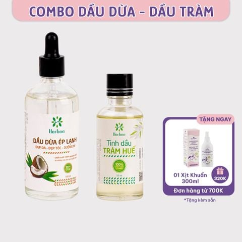 Combo Dầu Dừa Ép Lạnh (100ml) và Tinh Dầu Tràm Huế (50ml) Thương Hiệu Herbee, Combo Massage & Giữ Ấm Cho Mẹ Bé