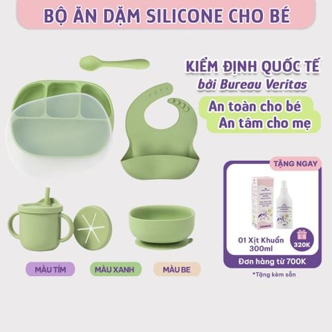 Bộ Ăn Dặm Cho Bé Thương Hiệu Mama's Choice, Combo Bát-Khay-Yếm-Thìa-Cốc Silicone Cao Cấp