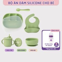 Bộ Ăn Dặm Cho Bé Thương Hiệu Mama's Choice, Combo Bát-Khay-Yếm-Thìa-Cốc Silicone Cao Cấp