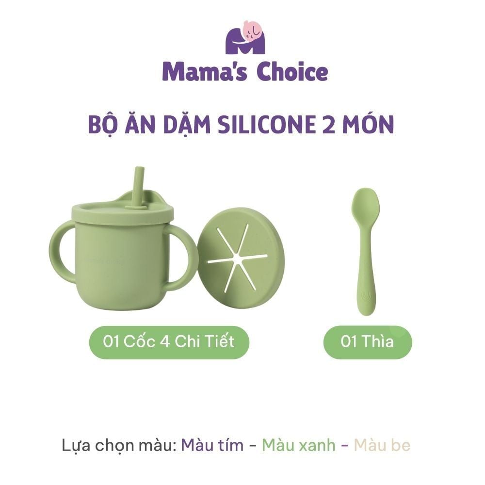 Bộ Ăn Dặm Cho Bé Thương Hiệu Mama's Choice, Combo Bát-Khay-Yếm-Thìa-Cốc Silicone Cao Cấp