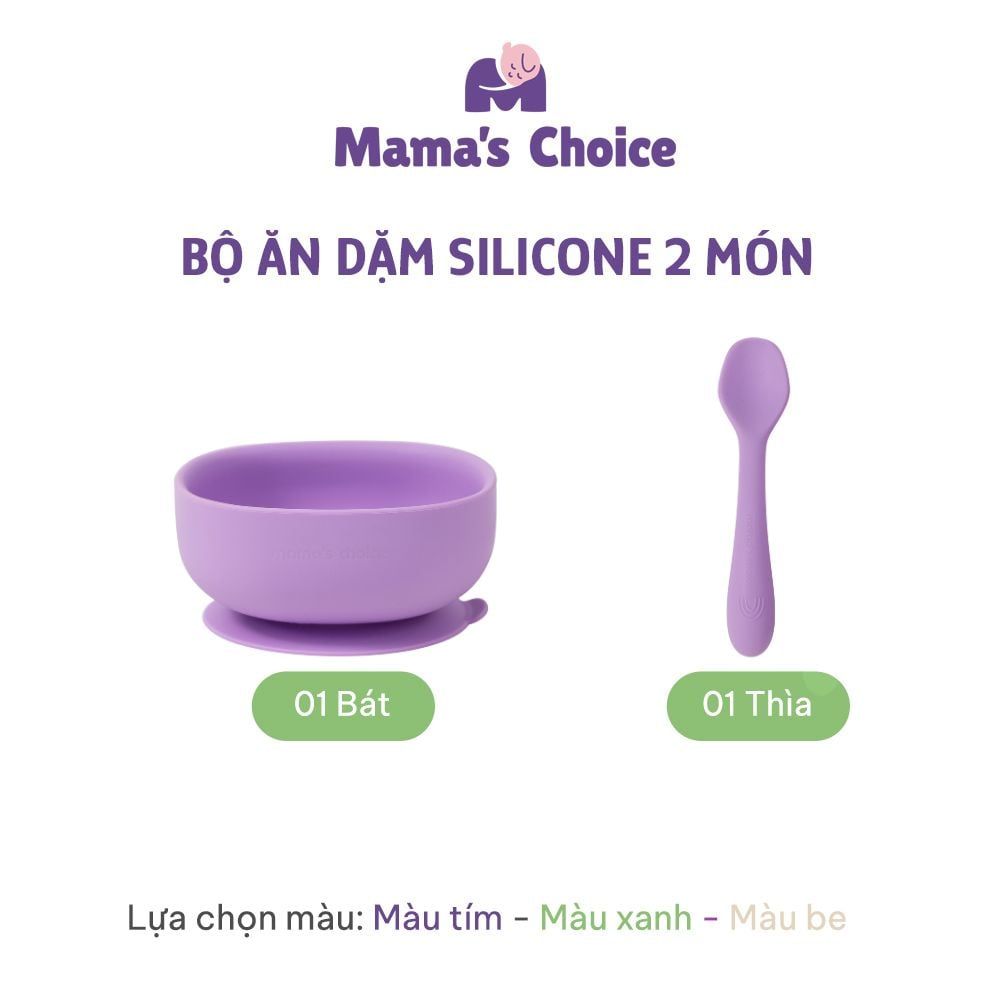Bộ Ăn Dặm Cho Bé Thương Hiệu Mama's Choice, Combo Bát-Khay-Yếm-Thìa-Cốc Silicone Cao Cấp