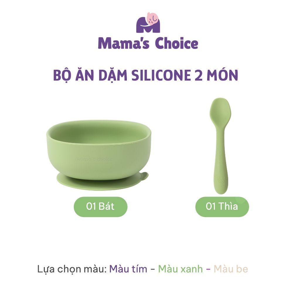 Bộ Ăn Dặm Cho Bé Thương Hiệu Mama's Choice, Combo Bát-Khay-Yếm-Thìa-Cốc Silicone Cao Cấp