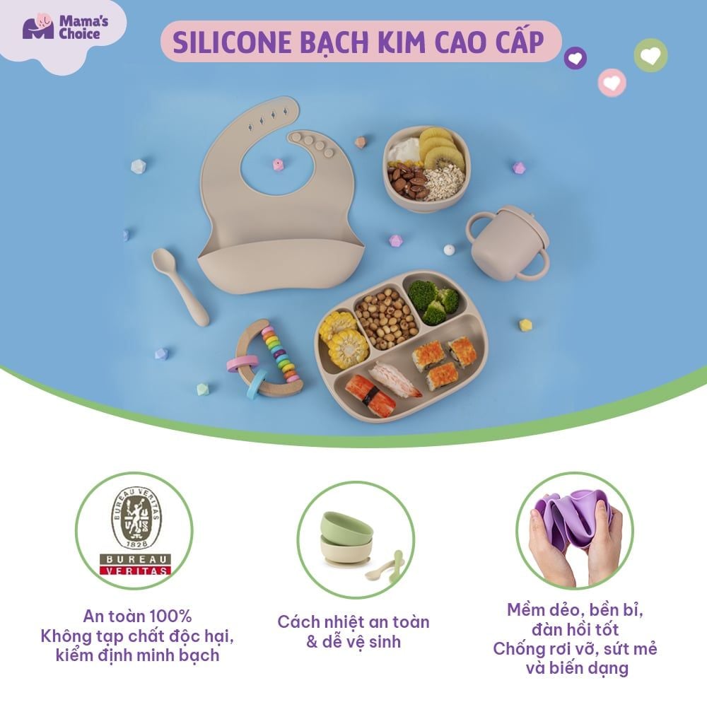 Bộ Ăn Dặm Cho Bé Thương Hiệu Mama's Choice, Combo Bát-Khay-Yếm-Thìa-Cốc Silicone Cao Cấp