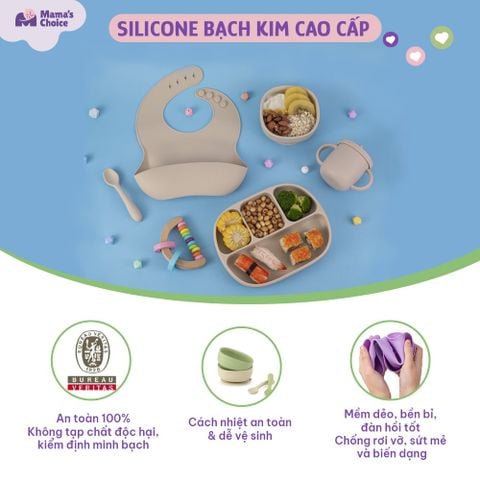 Bộ Ăn Dặm Cho Bé Thương Hiệu Mama's Choice, Combo Bát-Khay-Yếm-Thìa-Cốc Silicone Cao Cấp