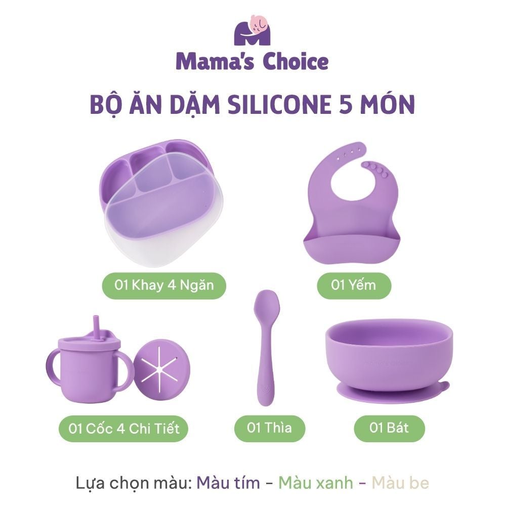 Bộ Ăn Dặm Cho Bé Thương Hiệu Mama's Choice, Combo Bát-Khay-Yếm-Thìa-Cốc Silicone Cao Cấp
