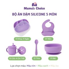 Bộ Ăn Dặm Cho Bé Thương Hiệu Mama's Choice, Combo Bát-Khay-Yếm-Thìa-Cốc Silicone Cao Cấp