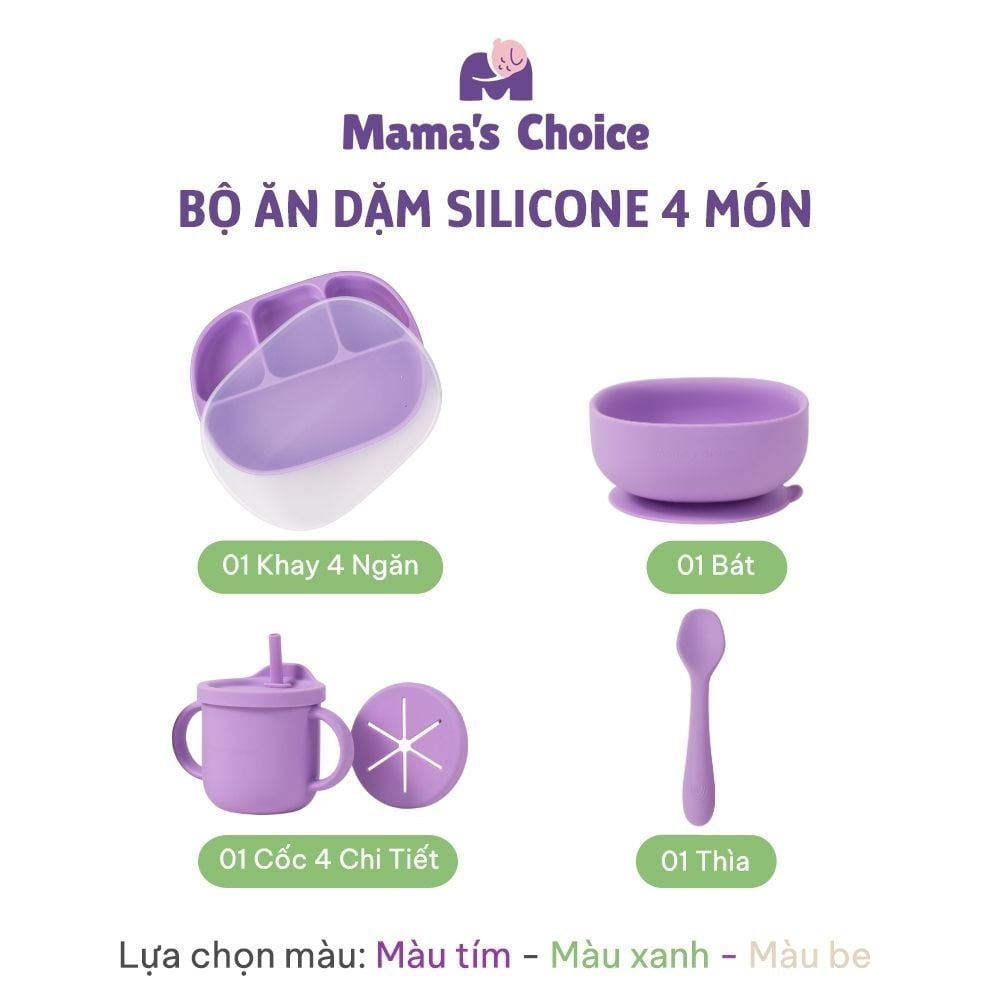 Bộ Ăn Dặm Cho Bé Thương Hiệu Mama's Choice, Combo Bát-Khay-Yếm-Thìa-Cốc Silicone Cao Cấp