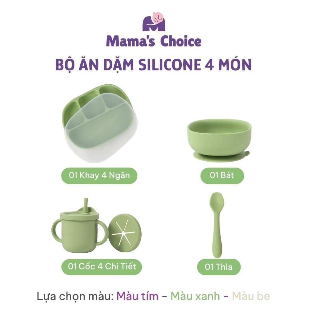 Bộ Ăn Dặm Cho Bé Thương Hiệu Mama's Choice, Combo Bát-Khay-Yếm-Thìa-Cốc Silicone Cao Cấp
