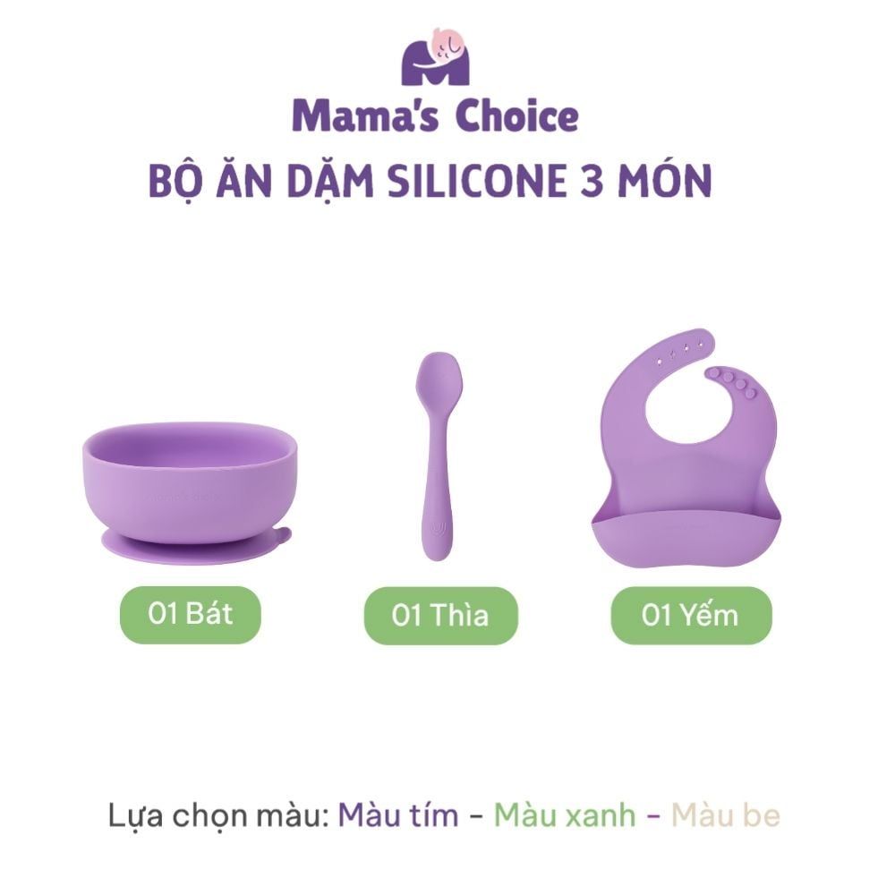 Bộ Ăn Dặm Cho Bé Thương Hiệu Mama's Choice, Combo Bát-Khay-Yếm-Thìa-Cốc Silicone Cao Cấp
