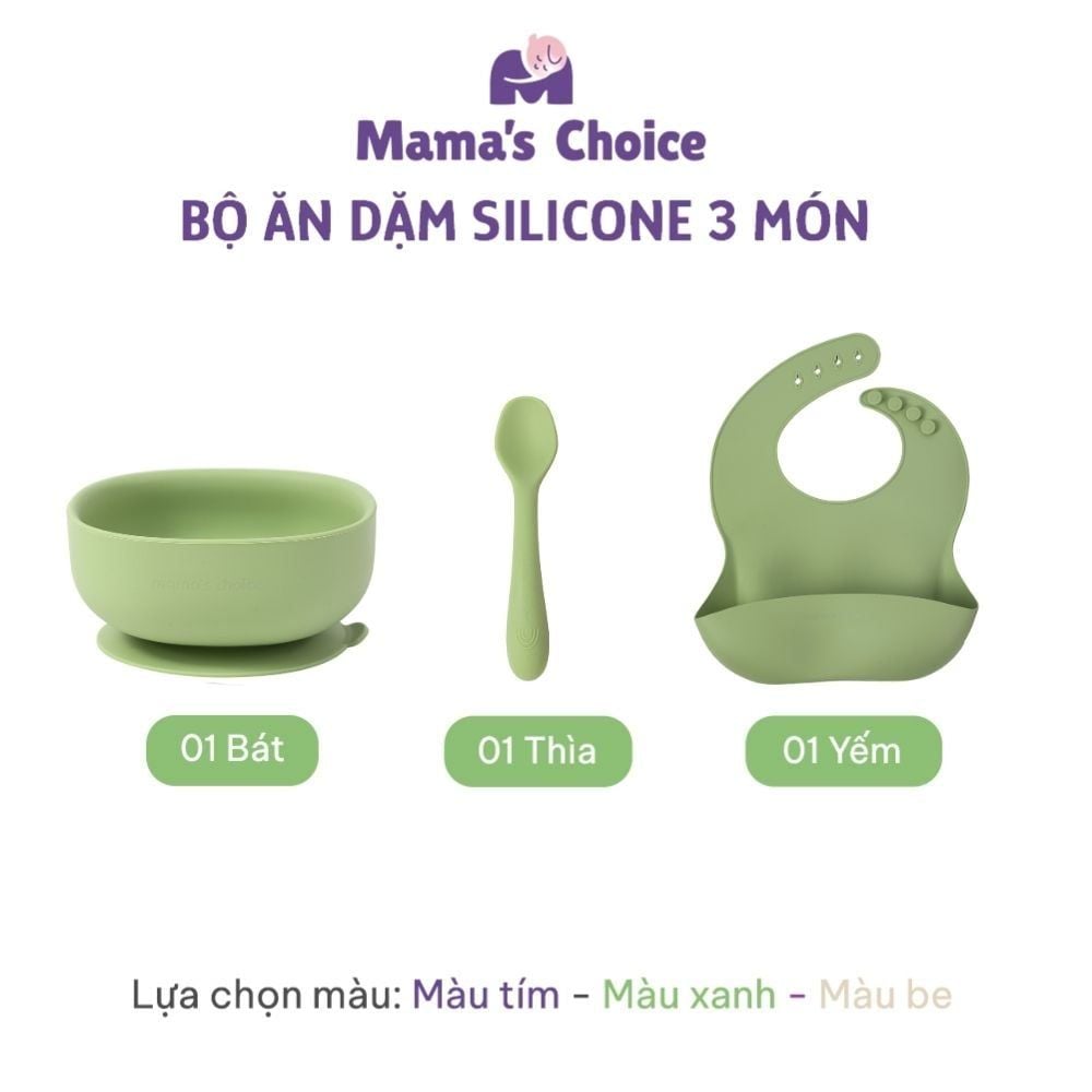 Bộ Ăn Dặm Cho Bé Thương Hiệu Mama's Choice, Combo Bát-Khay-Yếm-Thìa-Cốc Silicone Cao Cấp