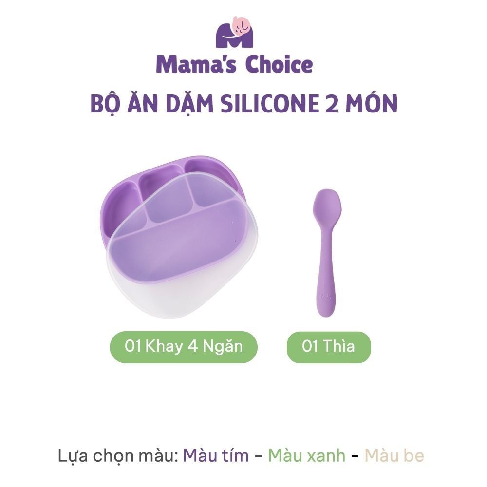 Bộ Ăn Dặm Cho Bé Thương Hiệu Mama's Choice, Combo Bát-Khay-Yếm-Thìa-Cốc Silicone Cao Cấp