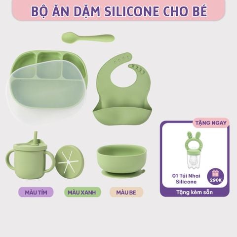 Bộ Ăn Dặm Cho Bé Thương Hiệu Mama's Choice, Combo Bát-Khay-Yếm-Thìa-Cốc Silicone Cao Cấp